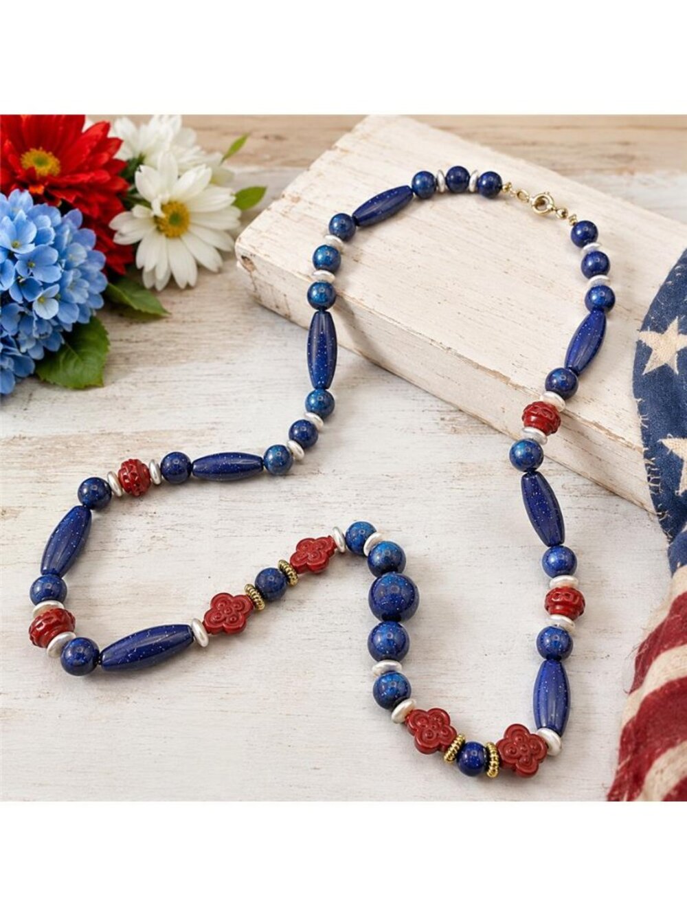 Vintage Patriotic Red White Blue Beaded Necklace Faux Cinnabar Goldstone 32"